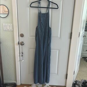 Blue Denim Maxi jumpsuit wide leg zipper side tie adjustable straps